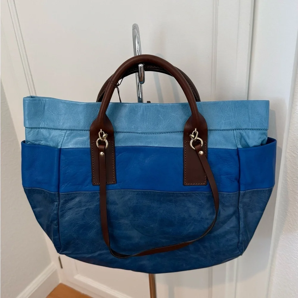 Maliparmi Blue Tone Leather Tote with Brown Handles